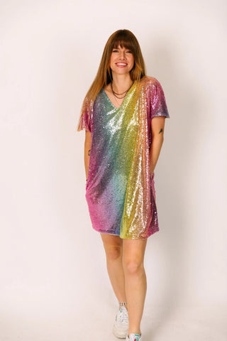 Rainbow Ombre Sequin V-Neck Dress - Fringe+Co