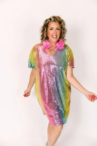 Rainbow Ombre Sequin V-Neck Dress - Fringe+Co