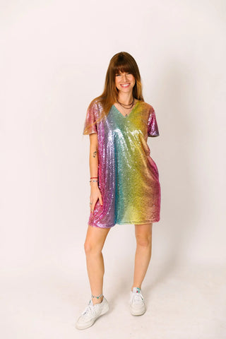 Rainbow Ombre Sequin V-Neck Dress - Fringe+Co