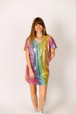 Rainbow Ombre Sequin V-Neck Dress - Fringe+Co