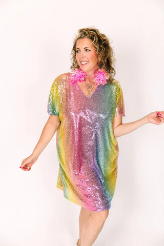 Rainbow Ombre Sequin V-Neck Dress - Fringe+Co