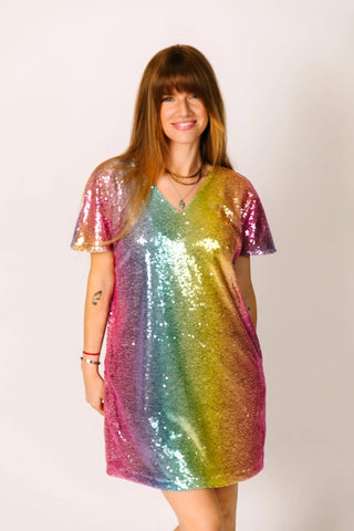 Rainbow Ombre Sequin V-Neck Dress - Fringe+Co