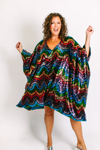 Rainbow Wave Sequin Short Caftan - Satin Lined - Fringe+Co