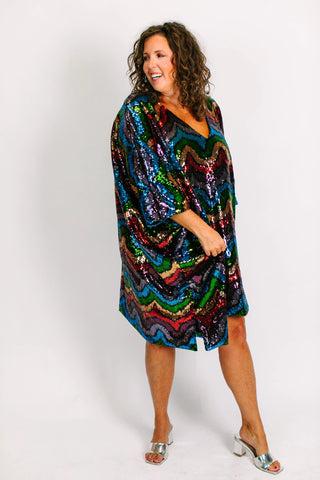 Rainbow Wave Sequin Short Caftan - Satin Lined - Fringe+Co
