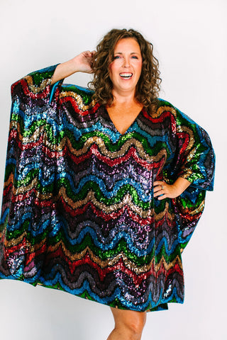 Rainbow Wave Sequin Short Caftan - Satin Lined - Fringe+Co