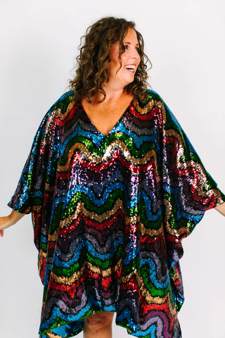 Rainbow Wave Sequin Short Caftan - Satin Lined - Fringe+Co
