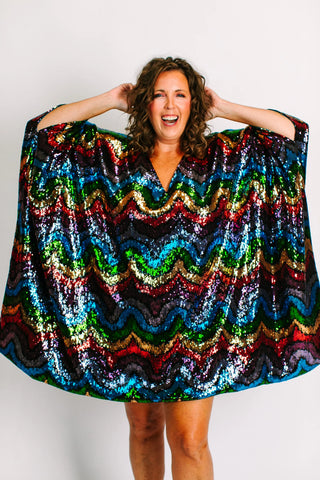 Rainbow Wave Sequin Short Caftan - Satin Lined - Fringe+Co