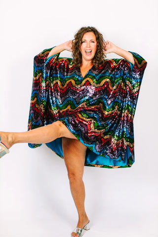 Rainbow Wave Sequin Short Caftan - Satin Lined - Fringe+Co