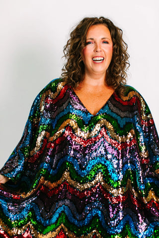 Rainbow Wave Sequin Short Caftan - Satin Lined - Fringe+Co
