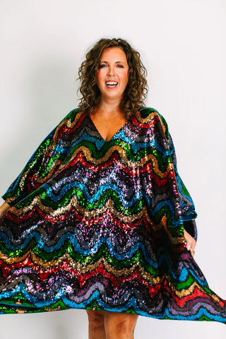 Rainbow Wave Sequin Short Caftan - Satin Lined - Fringe+Co