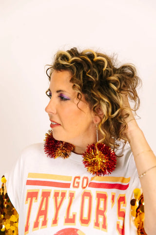 Red And Gold Pom Pom Earrings - Fringe+Co