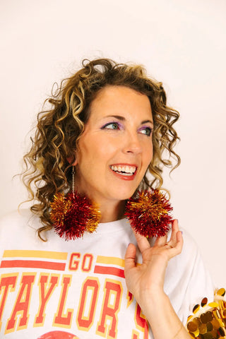 Red And Gold Pom Pom Earrings - Fringe+Co