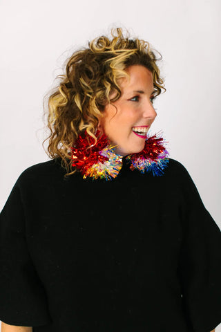 Red Blue & Iridescent Pom Pom Earrings - Fringe+Co