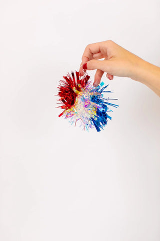 Red Blue & Iridescent Pom Pom Earrings - Fringe+Co