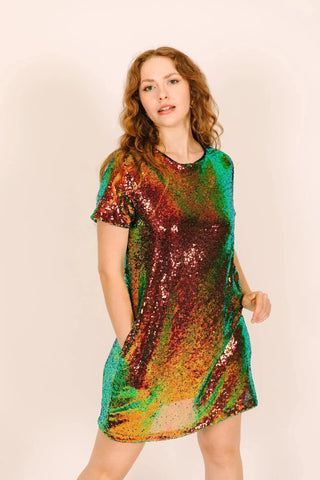 SAMPLE: Copper Iridescent Sequin Crew Neck T-Shirt Dress