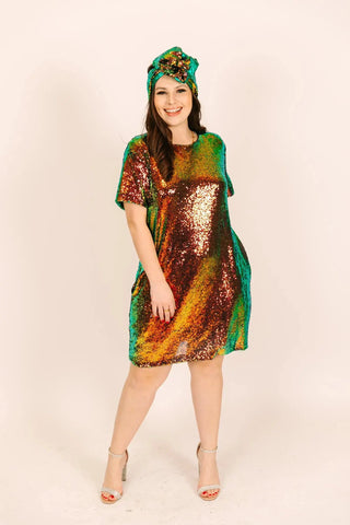 SAMPLE: Copper Iridescent Sequin Crew Neck T-Shirt Dress