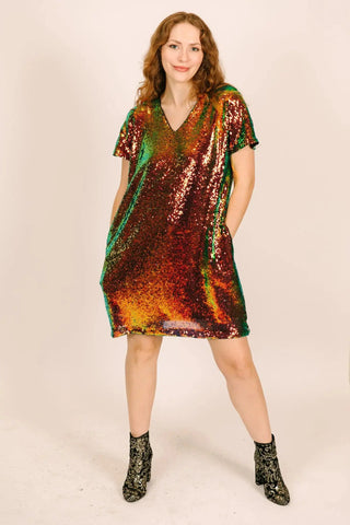 SAMPLE: Copper Iridescent Sequin V-Neck Dress - Fringe+Co