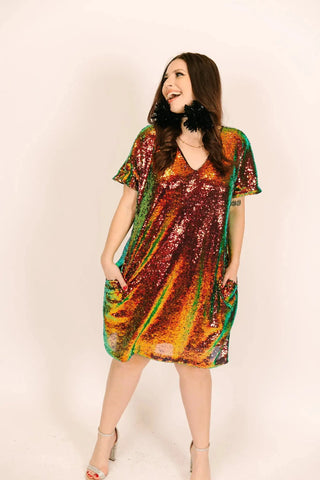 SAMPLE: Copper Iridescent Sequin V-Neck Dress - Fringe+Co