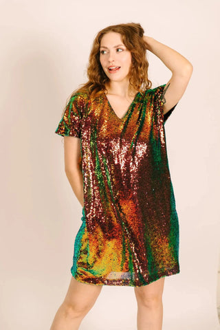 SAMPLE: Copper Iridescent Sequin V-Neck Dress - Fringe+Co