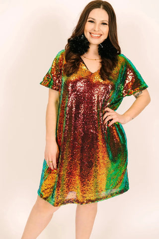 SAMPLE: Copper Iridescent Sequin V-Neck Dress - Fringe+Co