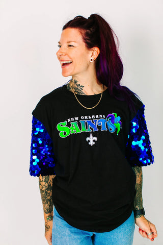 Saints Blue Paillette Party Tee - Fringe+Co