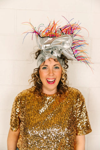 Silver Lame With Rainbow Ostrich Feather Party Wrap - Fringe+Co