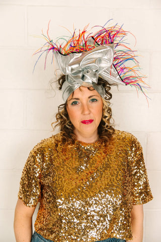 Silver Lame With Rainbow Ostrich Feather Party Wrap - Fringe+Co
