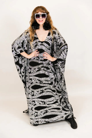 Silver Sequin Embroidered Long Caftan - Fringe+Co