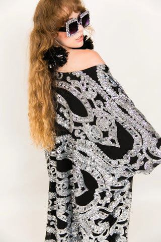 Silver Sequin Embroidered Long Caftan - Fringe+Co