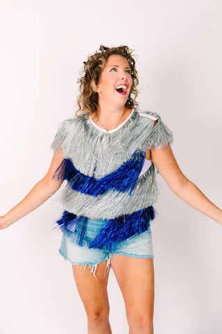 Silver & Blue Tinsel Vest - Fringe+Co