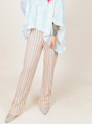 White Iridescent Sequin Stripe Pants - Fringe+Co