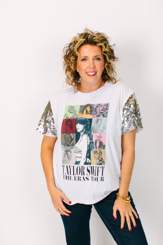 TSwift Eras Tour Silver Paillette Party Tee