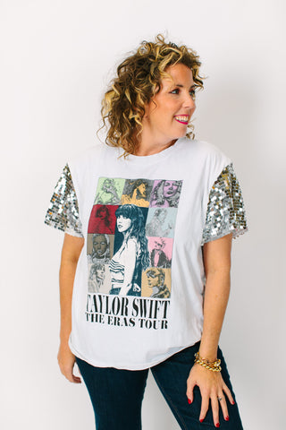 TSwift Eras Tour Silver Paillette Party Tee