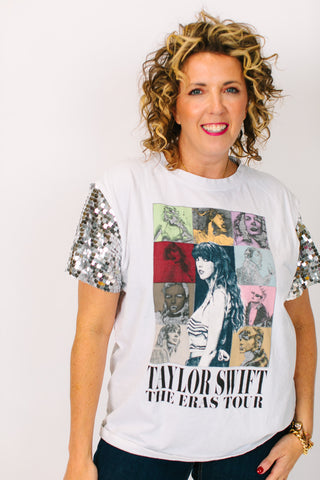 TSwift Eras Tour Silver Paillette Party Tee