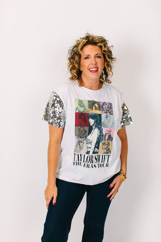 TSwift Eras Tour Silver Paillette Party Tee