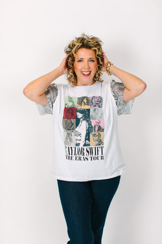 TSwift Eras Tour Silver Paillette Party Tee