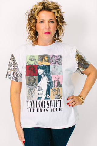 TSwift Eras Tour Silver Paillette Party Tee