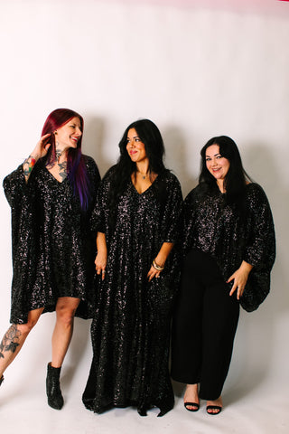 Black Sequin Long Caftan Satin Lined