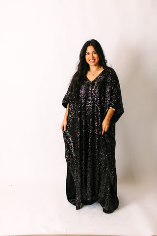 Black Sequin Long Caftan Satin Lined – fringe co Black Sequin Long Caftan Satin Lined – fringe co