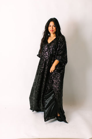 Black Sequin Long Caftan Satin Lined