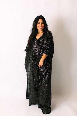 Black Sequin Long Caftan Satin Lined