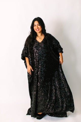 Black Sequin Long Caftan Satin Lined