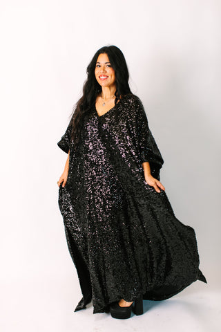 Black Sequin Long Caftan Satin Lined