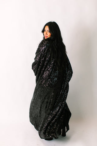 Black Sequin Long Caftan Satin Lined