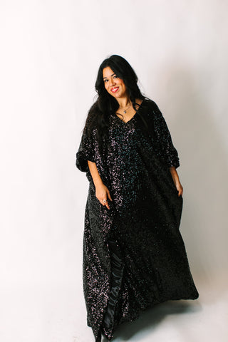 Black Sequin Long Caftan Satin Lined