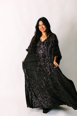 Black Sequin Long Caftan Satin Lined