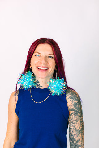 Blue Iridescent Chunky Pom Pom Earrings