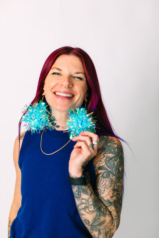 Blue Iridescent Chunky Pom Pom Earrings