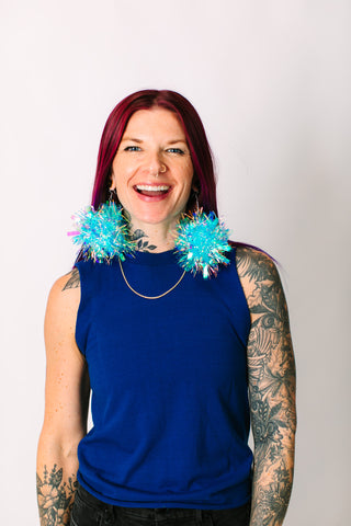Blue Iridescent Chunky Pom Pom Earrings