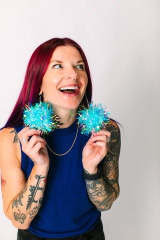 Blue Iridescent Chunky Pom Pom Earrings